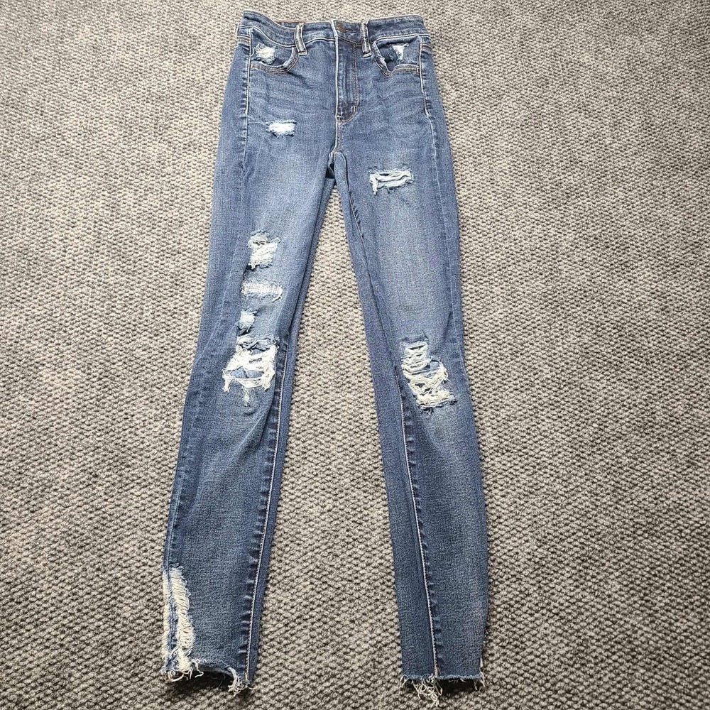 American Eagle Jeans Womens Sz 2 Blue Super Hi Rise Jegging Stretch Distressed